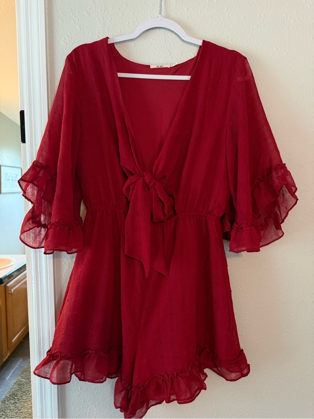 miami Red V-Neck Tie-Front Romper with Ruffled Sleeves